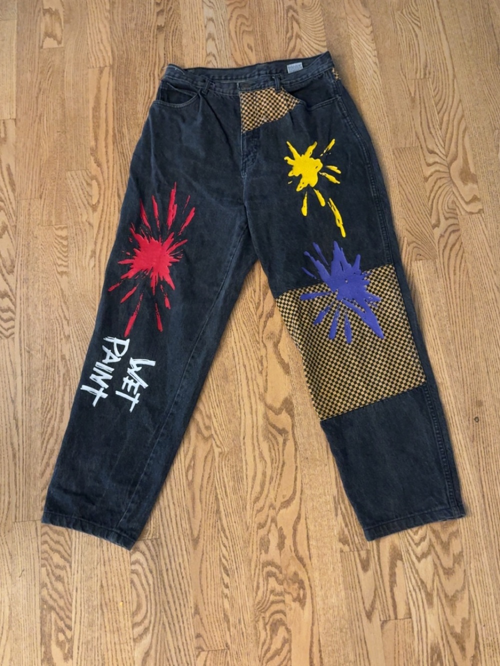 Vintage Slick Black Men’s Jeans with Red, Yellow & Purple Paint Splash Accents